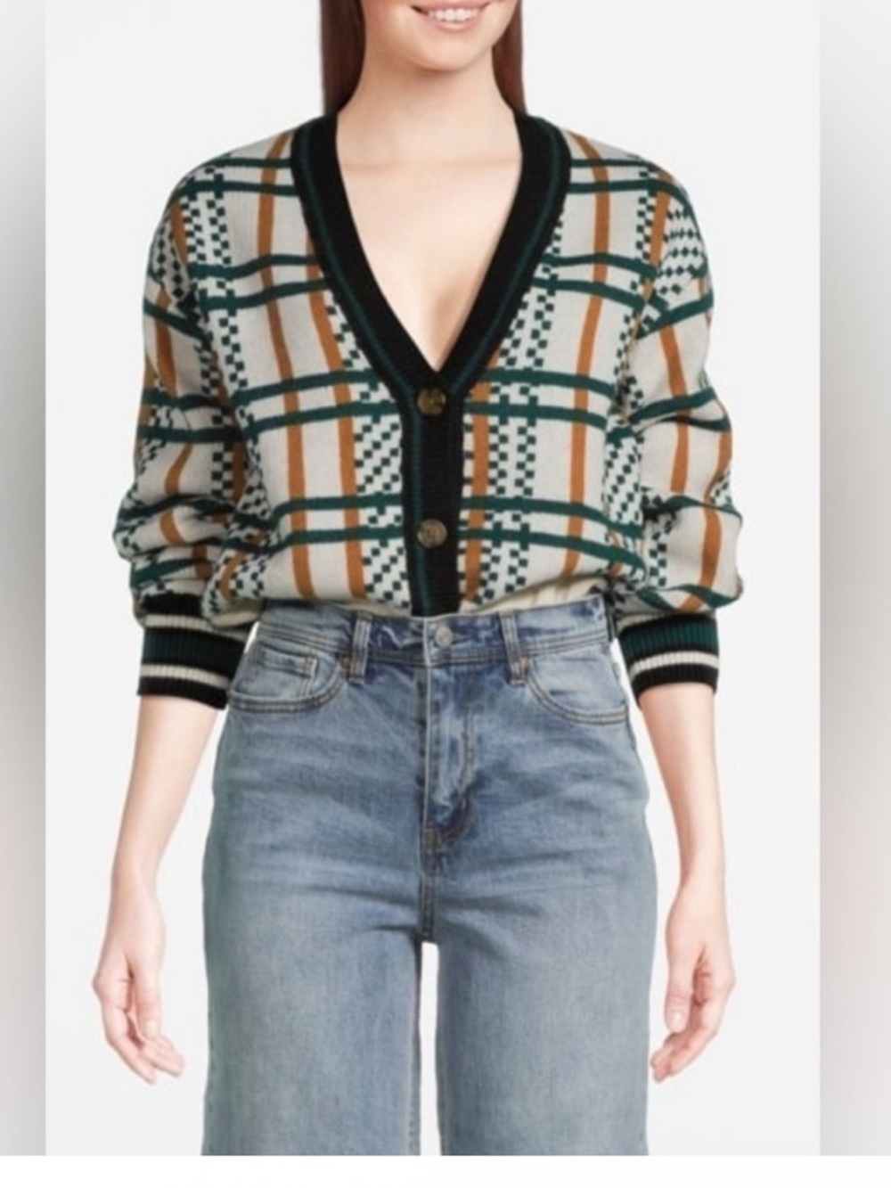 Scotch & Soda Cream Plaid V-Neck Cardigan with Green and Brown Accents